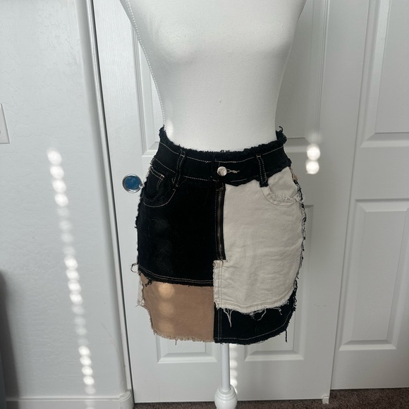 Amazon Dresses & Skirts - Amazon Patchwork Denim Skirt - Black, Cream, Tan - M